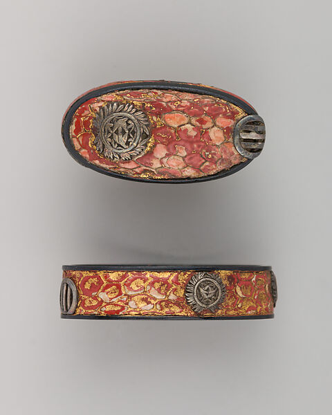 Sword-Hilt Collar and Pommel (Fuchigashira), Copper-gold alloy (shakudō), silver, snake skin, Japanese