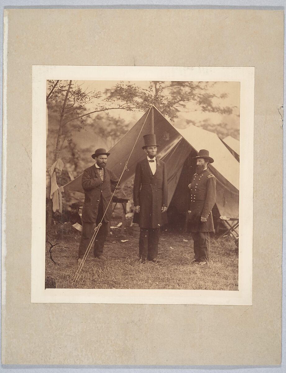 [President Abraham Lincoln, Major General John A. McClernand (right), and E. J. Allen (Allan Pinkerton, left), Chief of the Secret Service of the United States, at Secret Service Department, Headquarters Army of the Potomac, near  Antietam, Maryland], Alexander Gardner (American, Glasgow, Scotland 1821–1882 Washington, D.C.), Albumen silver print from glass negative 