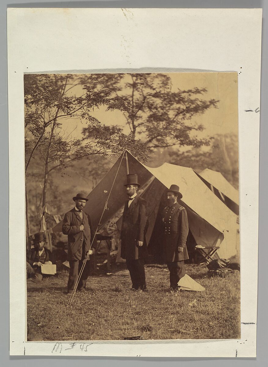 [President Abraham Lincoln, Major General John A. McClernand (right), and E. J. Allen (Allan Pinkerton, left), Chief of the Secret Service of the United States, at Secret Service Department, Headquarters Army of the Potomac, near  Antietam, Maryland], Alexander Gardner (American, Glasgow, Scotland 1821–1882 Washington, D.C.), Albumen silver print from glass negative 