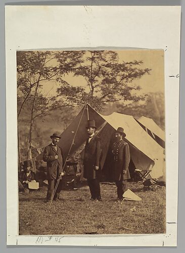 [President Abraham Lincoln, Major General John A. McClernand (right), and E. J. Allen (Allan Pinkerton, left), Chief of the Secret Service of the United States, at Secret Service Department, Headquarters Army of the Potomac, near  Antietam, Maryland]