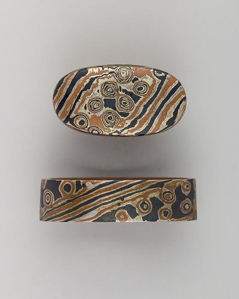Sword-Hilt Collar and Pommel (Fuchigashira), Copper-gold alloy (shakudō), silver, copper, Japanese 