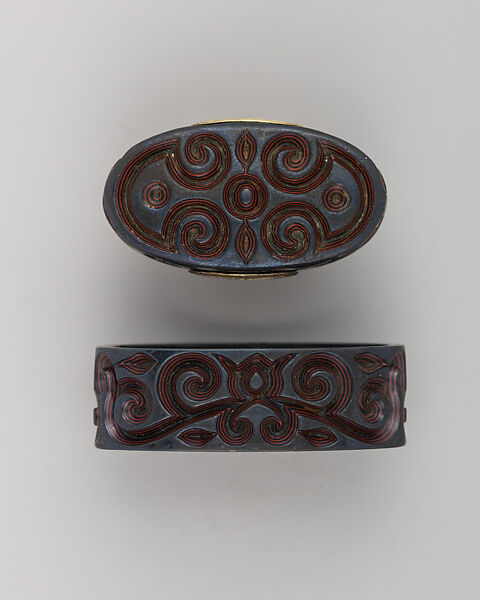 Sword-Hilt Collar and Pommel (Fuchigashira), Copper-silver alloy (shibuichi), copper-gold alloy (shakudō), copper, Japanese 