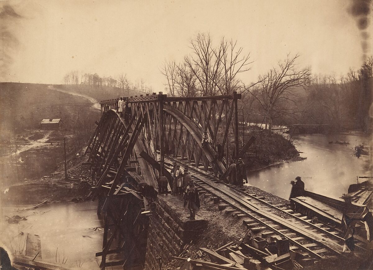 Part of Construction Corps Building New Military Truss Bridge Across Bull Run, Egbert Guy Fowx (American, born 1821), Salted paper print from glass negative 