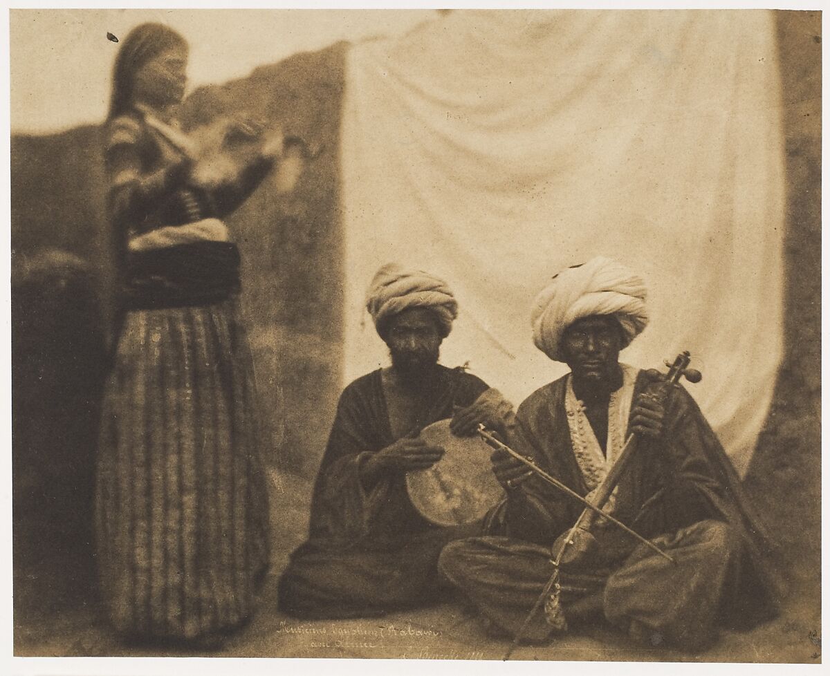 Egyptian Musicians (Rabawí) and Almée, Ernest Benecke (German (born England), 1817–1894), Salted paper print from paper negative 