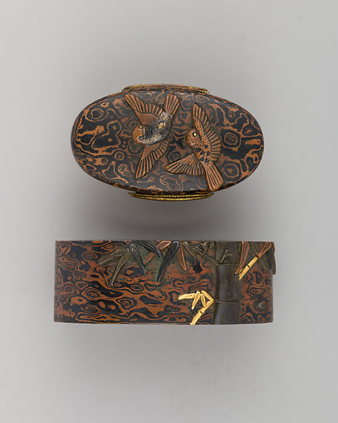 Sword-Hilt Collar and Pommel (Fuchigashira), Copper-gold alloy (shakudō), copper, gold, Japanese 