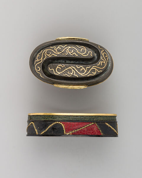Sword-Hilt Collar and Pommel (Fuchigashira), Copper-gold alloy (shakudō), copper-silver alloy (shibuichi), gold, leather, Japanese 