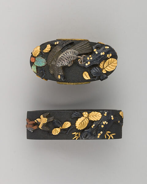 Sword-Hilt Collar and Pommel (Fuchigashira), Copper-gold alloy (shakudō), gold, Japanese 