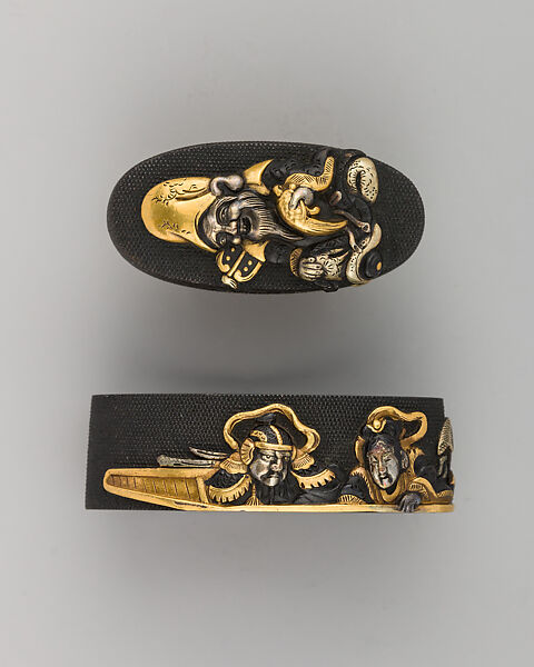 Sword-Hilt Collar and Pommel (Fuchigashira), Copper-gold alloy (shakudō), gold, Japanese 