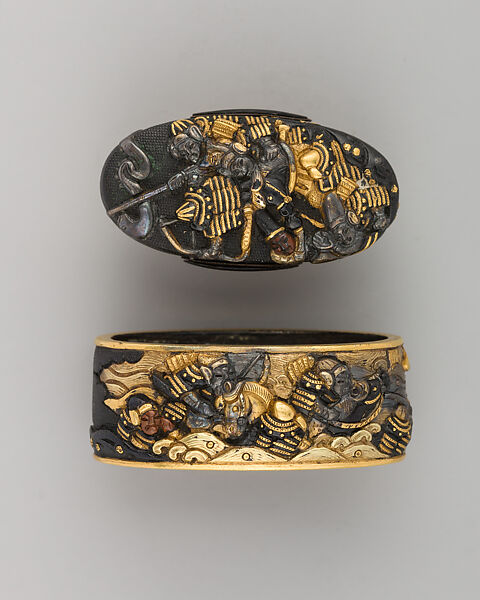 Sword-Hilt Collar and Pommel (Fuchigashira), Copper-gold alloy (shakudō), gold, Japanese 