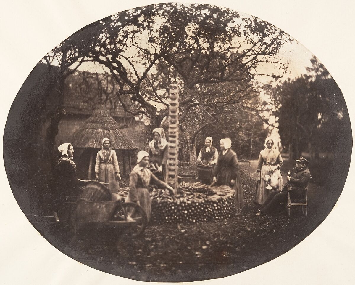 [Women Stacking Carrots], Louis-Pierre-Théophile Dubois de Nehaut (French, active Belgium, 1799–1872), Salted paper print from paper negative 