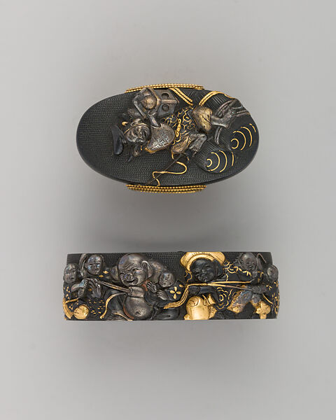 Sword-Hilt Collar and Pommel (Fuchigashira), Copper-gold alloy (shakudō), gold, Japanese 