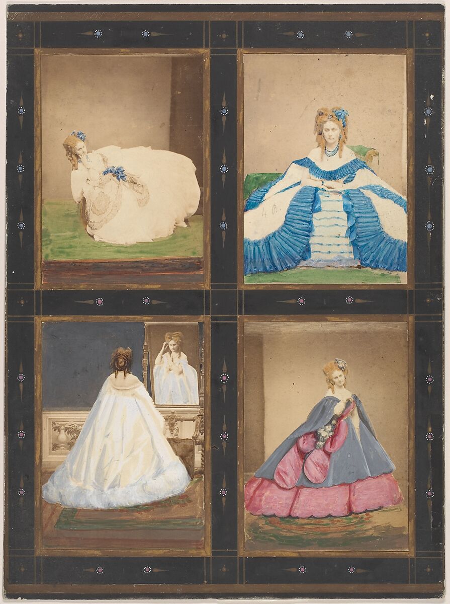 [Variations on the "Elvira" and "Ritrosetta" Dresses], Pierre-Louis Pierson (French, 1822–1913), Albumen silver print from glass negative with applied color 