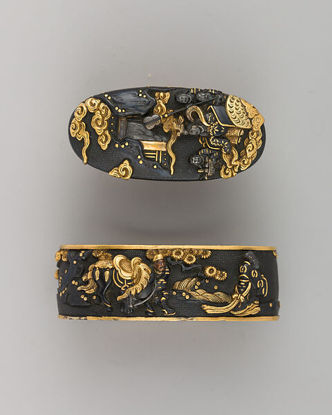 Sword-Hilt Collar and Pommel (Fuchigashira), Copper-gold alloy (shakudō), gold, Japanese 
