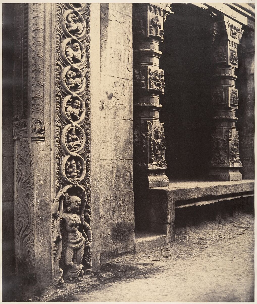 Pillars in the Recessed Portico in the Roya Gopuram with the Base of One of the Four Sculptured Monoliths, Madura, Linnaeus Tripe (British, Devonport (Plymouth Dock) 1822–1902 Devonport), Albumen silver print from waxed paper negative 