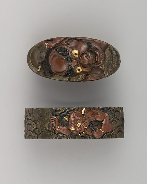 Sword-Hilt Collar and Pommel (Fuchigashira), Copper-silver alloy (shibuichi), gold, Japanese 