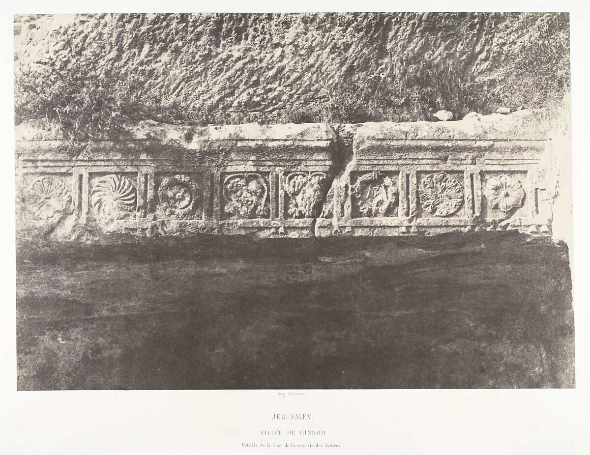 Jérusalem, Vallée de Hinnom, Détails de la frise de la retraite des Apôtres, Auguste Salzmann (French, 1824–1872), Salted paper print from paper negative 