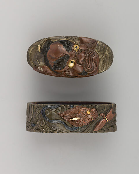 Sword-Hilt Collar and Pommel (Fuchigashira), Copper-silver alloy (shibuichi), gold, Japanese 