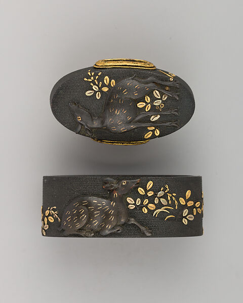 Sword-Hilt Collar and Pommel (Fuchigashira), Copper-gold alloy (shakudō), gold, Japanese 