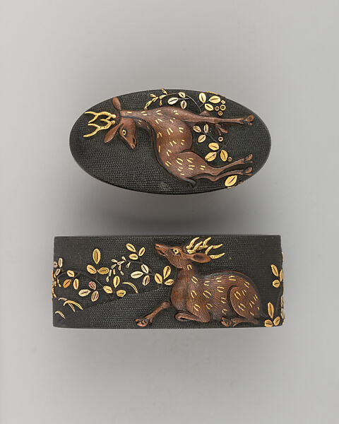 Sword-Hilt Collar and Pommel (Fuchigashira), Copper-gold alloy (shakudō), gold, Japanese 