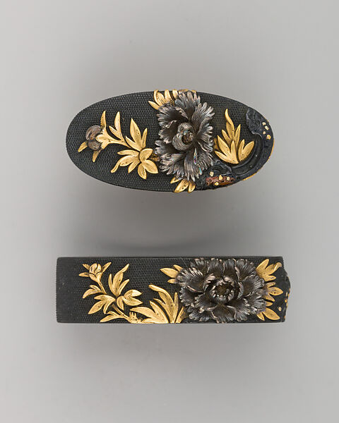 Sword-Hilt Collar and Pommel (Fuchigashira), Copper-gold alloy (shakudō), gold, Japanese 