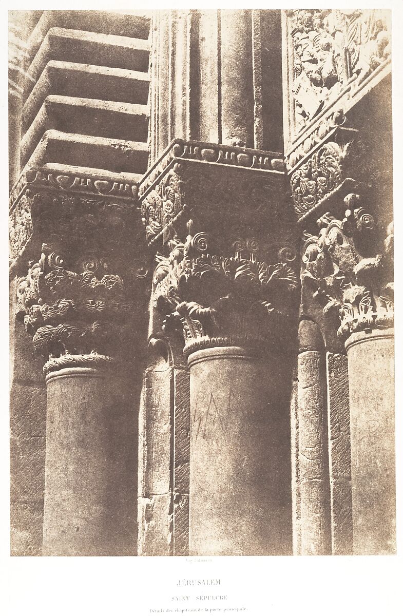 Jérusalem, Saint-Sépulcre, Détails des chapiteaux de la porte principale, Auguste Salzmann (French, 1824–1872), Salted paper print from paper negative 