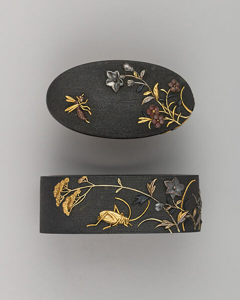 Sword-Hilt Collar and Pommel (Fuchigashira), Copper-gold alloy (shakudō), gold, Japanese 
