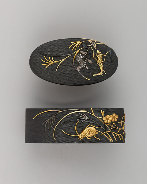 Sword-Hilt Collar and Pommel (Fuchigashira), Copper-gold alloy (shakudō), gold, Japanese 