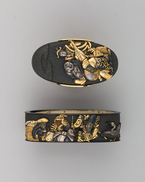 Sword-Hilt Collar and Pommel (Fuchigashira), Copper-gold alloy (shakudō), gold, Japanese 