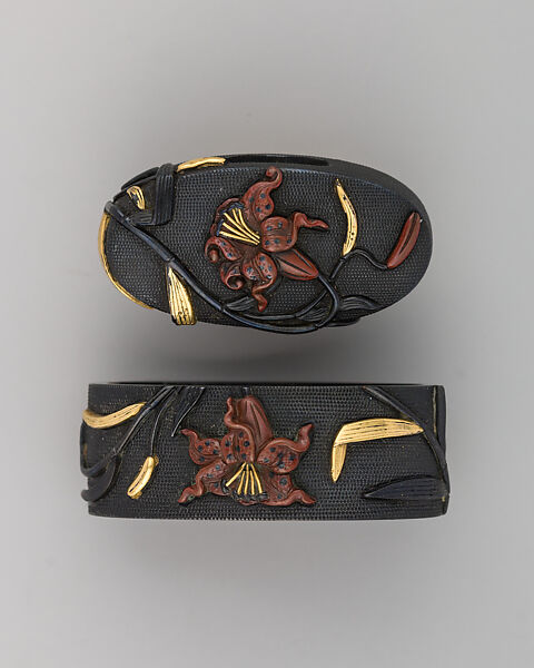 Sword-Hilt Collar and Pommel (Fuchigashira), Copper-gold alloy (shakudō), gold, Japanese 