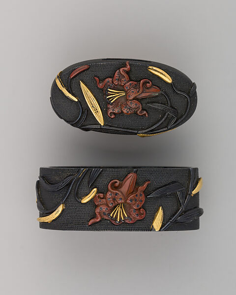 Sword-Hilt Collar and Pommel (Fuchigashira), Copper-gold alloy (shakudō), gold, Japanese 