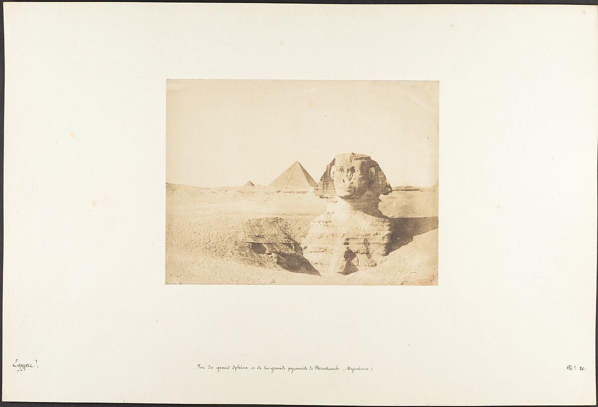 Vue du grand Sphinx et de la grande pyramide de Menkazeh (Mycerinus), Maxime Du Camp (French, 1822–1894), Salted paper print from paper negative 