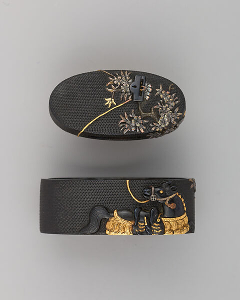 Sword-Hilt Collar and Pommel (Fuchigashira), Copper-gold alloy (shakudō), gold, Japanese 