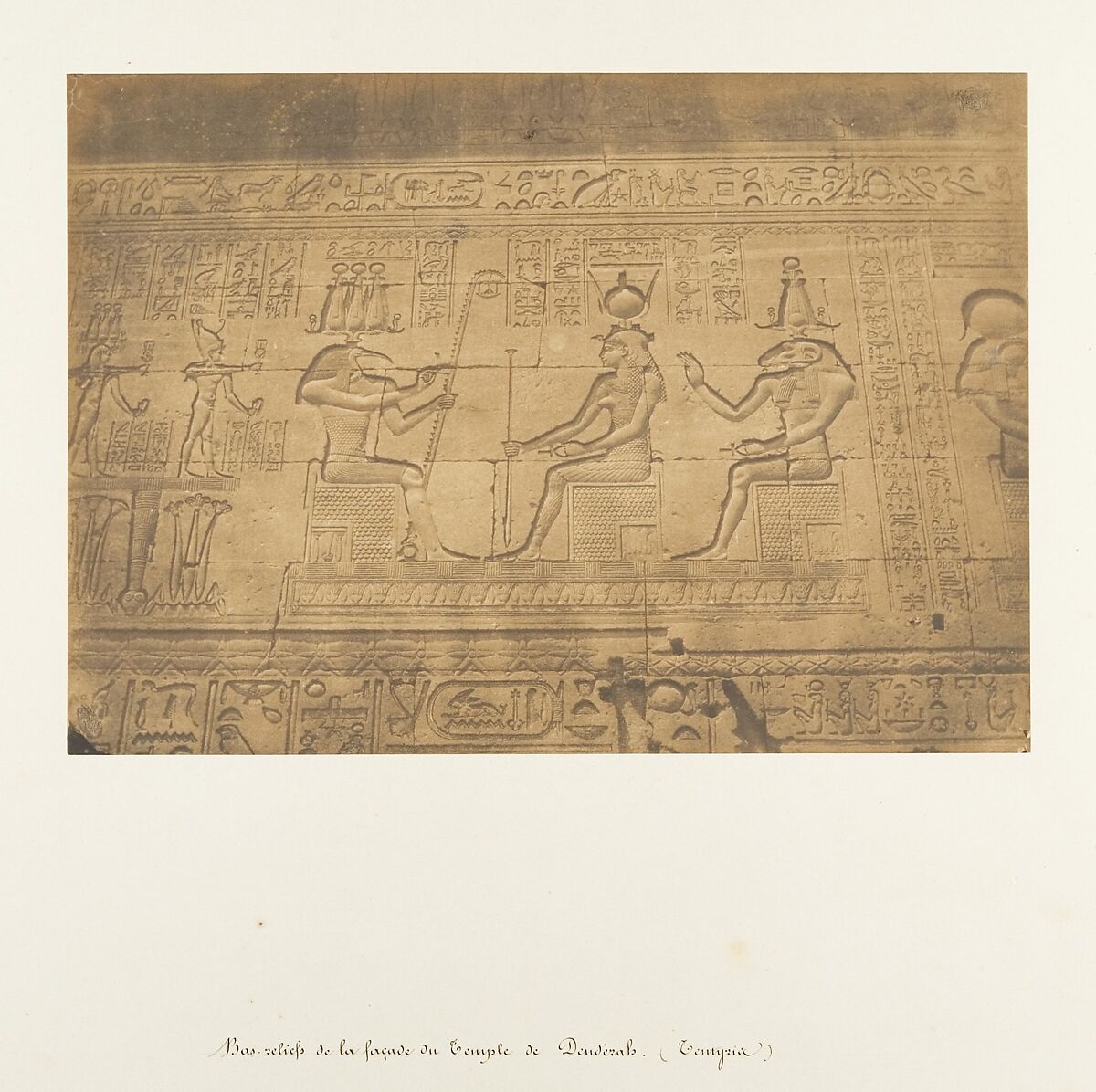 Bas-reliefs de la façade du Temple de Dendérah (Tentyris), Maxime Du Camp (French, 1822–1894), Salted paper print from paper negative 