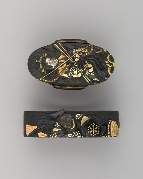 Sword-Hilt Collar and Pommel (Fuchigashira), Copper-gold alloy (shakudō), gold, Japanese 