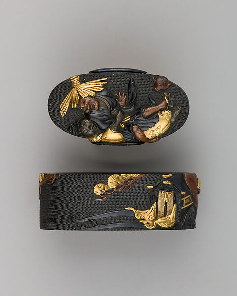 Sword-Hilt Collar and Pommel (Fuchigashira), Copper-gold alloy (shakudō), gold, Japanese