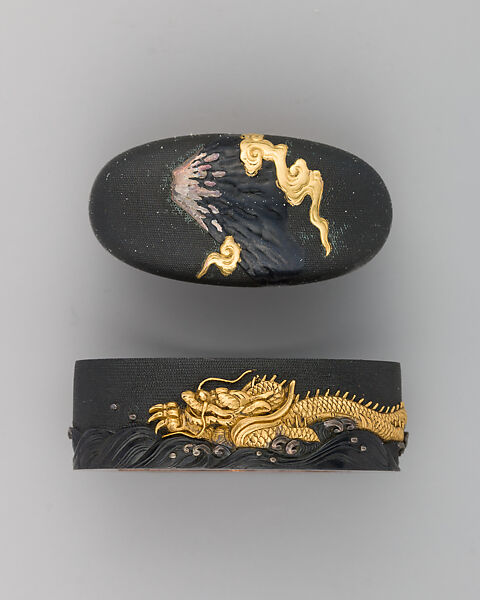Sowrd-Hilt Collar and Pommel (Fuchigashira), Copper-gold alloy (shakudō), gold, Japanese 