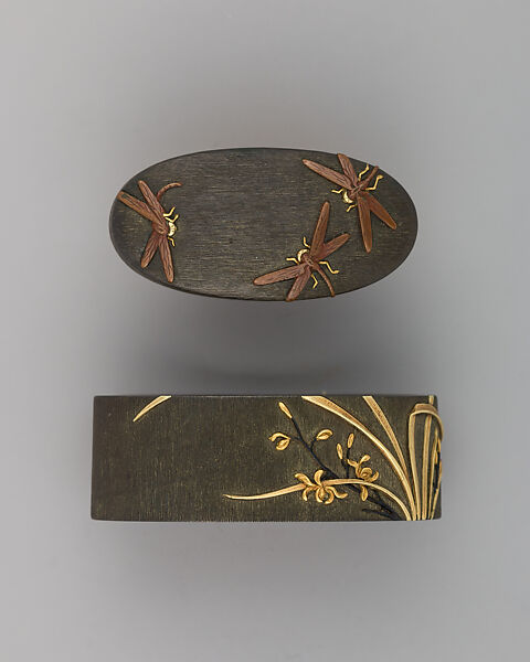Sword-Hilt Collar and Pommel (Fuchigashira), Copper-silver alloy (shibuichi), gold, Japanese 