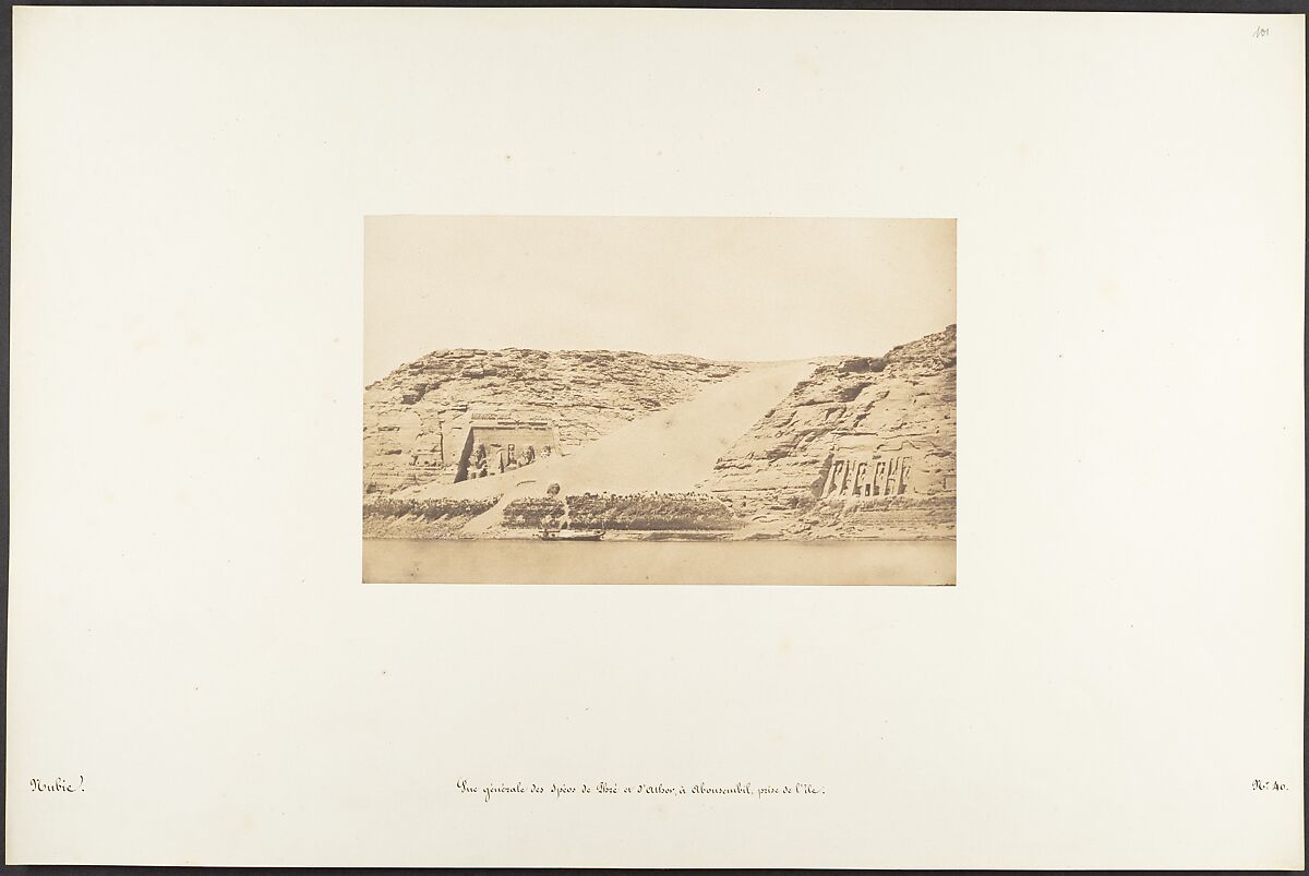 Vue générale des Spéos de Phré et d'Athor, à Abousembil, prise de l'île, Maxime Du Camp (French, 1822–1894), Salted paper print from paper negative 