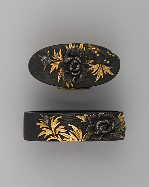 Sword-Hilt Collar and Pommel (Fuchigashira), Copper-gold alloy (shakudō), gold, Japanese 