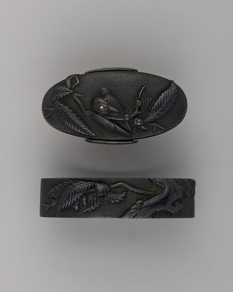 Sword-Hilt Collar and Pommel (Fuchigashira), Copper-gold alloy (shakudō), Japanese 