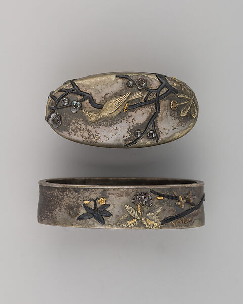 Sword-Hilt Collar and Pommel (Fuchigashira), Copper-gold alloy (possibly shakudō), copper-silver alloy (shibuichi), Japanese 