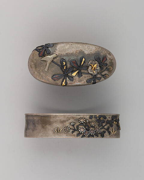 Sword-Hilt Collar and Pommel (Fuchigashira), Copper-silver alloy (shibuichi), copper-gold alloy (shakudō), possibly gold, Japanese 