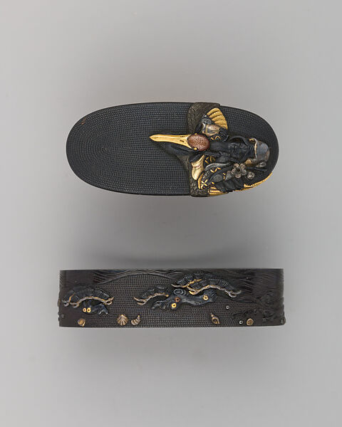 Sword-Hilt Collar and Pommel (Fuchigashira), Copper-gold alloy (possibly shakudō), gold, Japanese