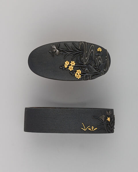 Sword-Hilt Collar and Pommel (Fuchigashira), Copper-gold alloy (possibly shakudō), gold, Japanese 