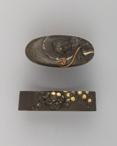 Sword-Hilt Collar and Pommel (Fuchigashira), Copper-silver alloy (shibuichi), gold, Japanese 