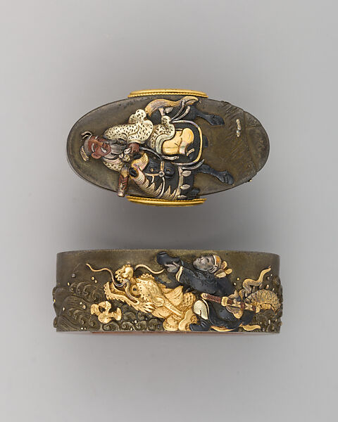 Sword-Hilt Collar and Pommel (Fuchigashira), Copper-silver alloy (shibuichi), gold, copper-gold alloy (possibly shakudō), Japanese 