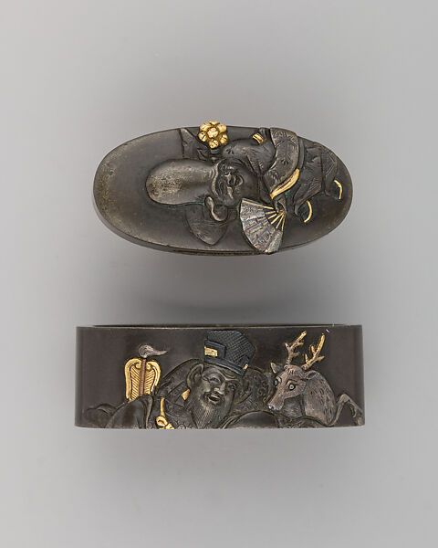 Sword-Hilt Collar and Pommel (Fuchigashira), Copper-silver alloy (shibuichi), gold, Japanese 