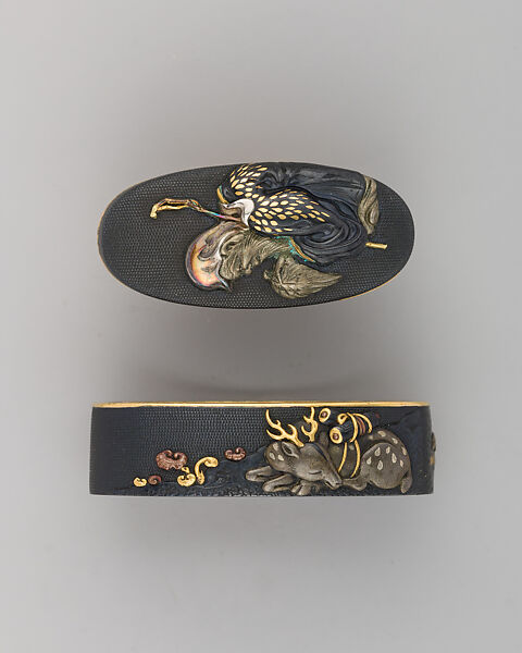Sword-Hilt Collar and Pommel (Fuchigashira), Copper-gold alloy (shakudō), gold, copper-silver alloy (possibly shibuichi), Japanese 