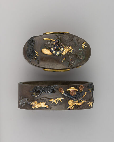 Sword-Hilt Collar and Pommel (Fuchigashira), Copper-silver alloy (shibuichi), gold, copper-gold alloy (shakudō), Japanese 