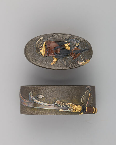 Sword-Hilt Collar and Pommel (Fuchigashira), Copper-silver alloy (shibuichi), gold, copper-gold alloy (possibly shakudō), Japanese 